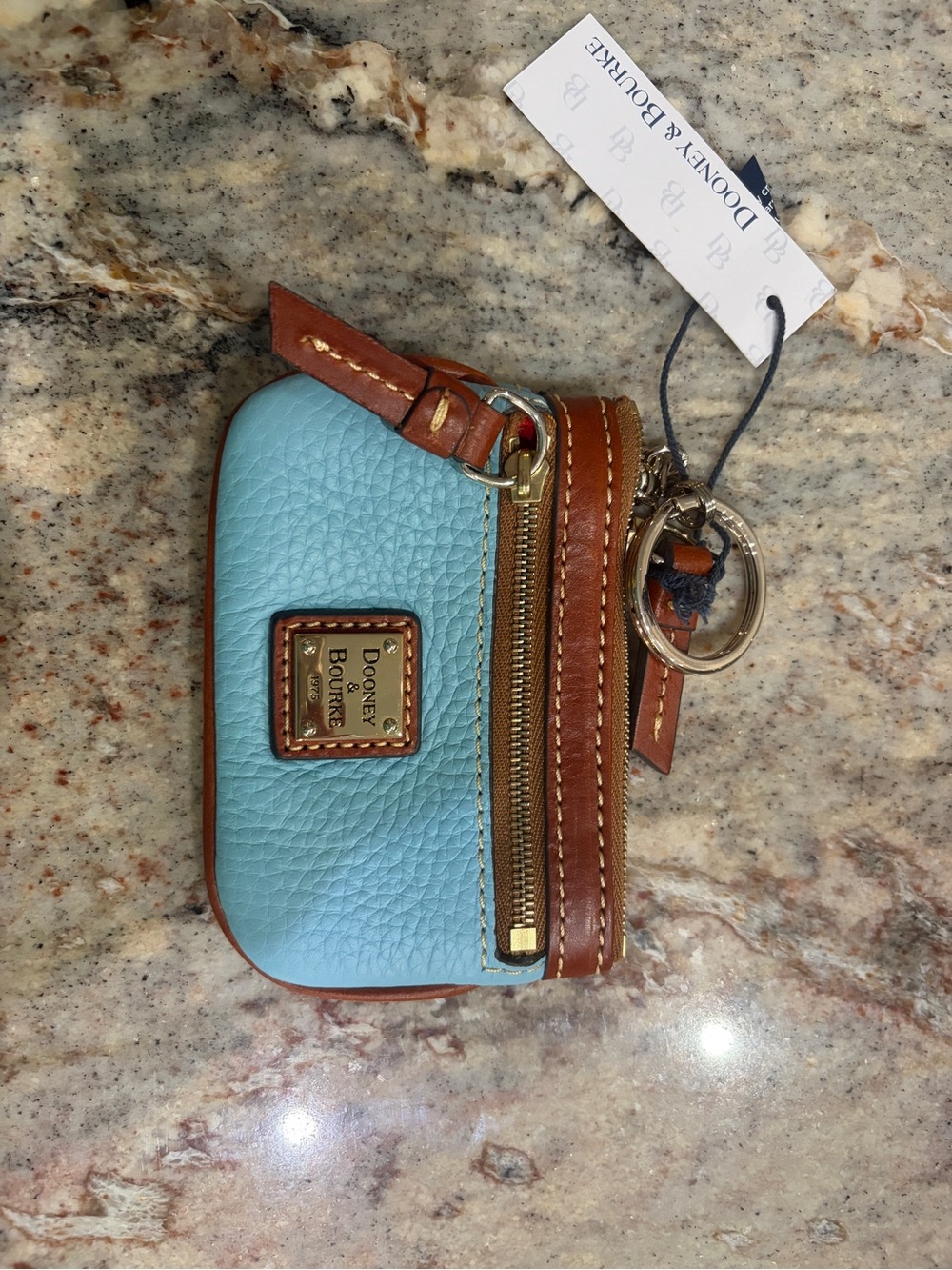 Dooney & Bourke Light Blue Pebble Leather Mini Coin Pouch with Brown Trim